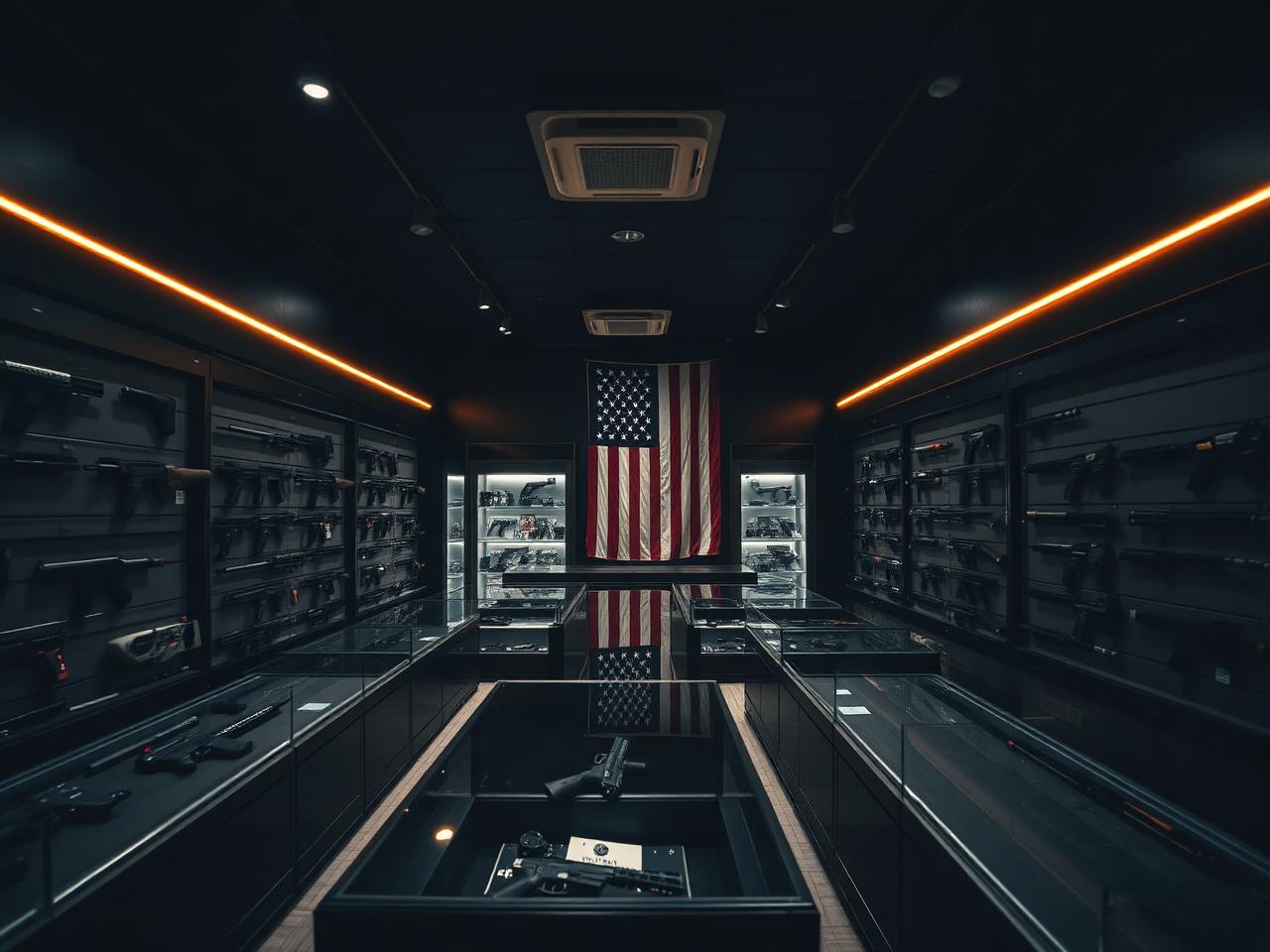 Inside the Firearms Garage shop with display cases and an American flag