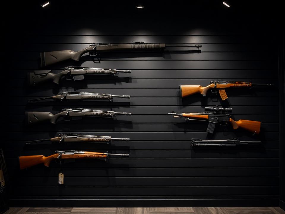 Wall of sporting rifles displayed at the shop