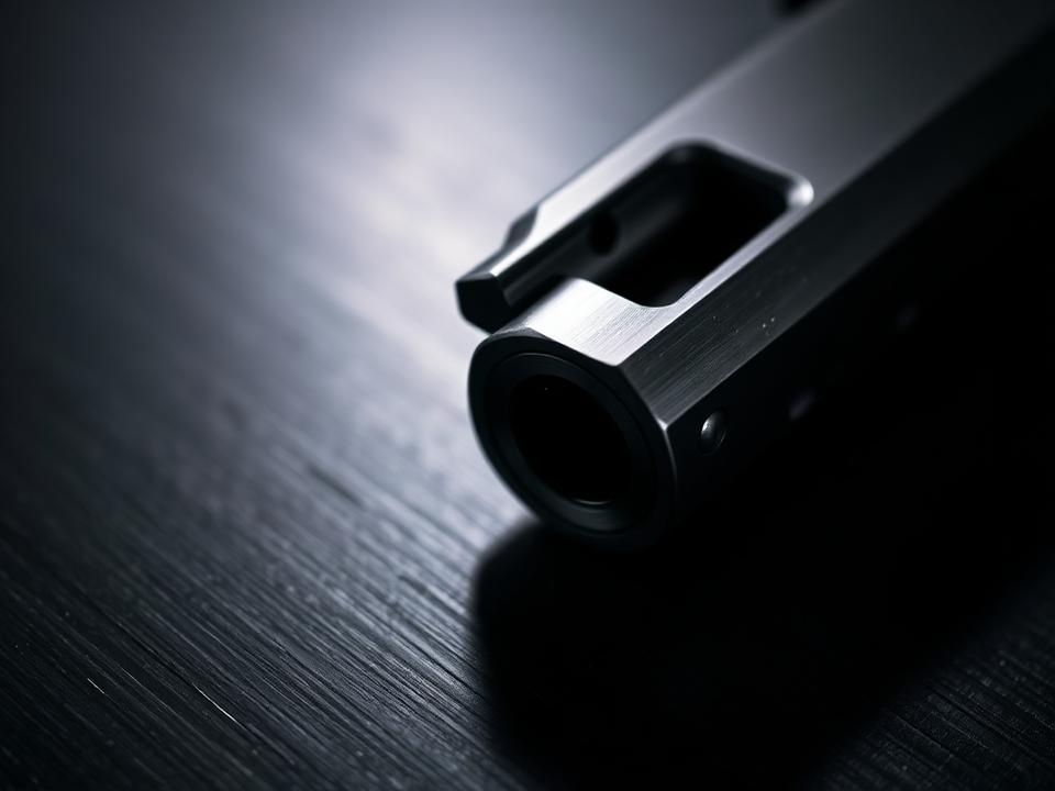 Close-up of a stainless steel pistol slide