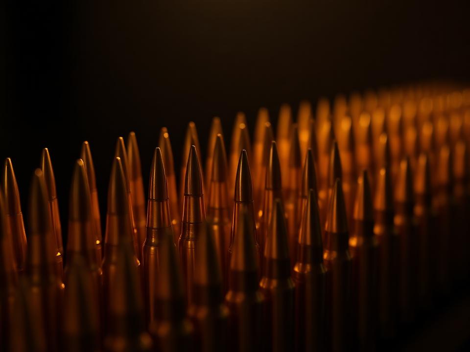 Rows of brass ammunition cartridges