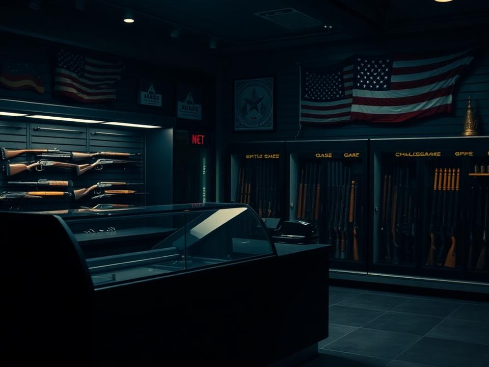 The shop counter with gun safes and American flag decor